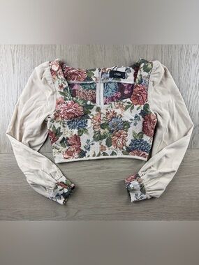 Cider Small Floral Tapestry Jacquard Crop Top Puff Sleeve Square Neck NWT